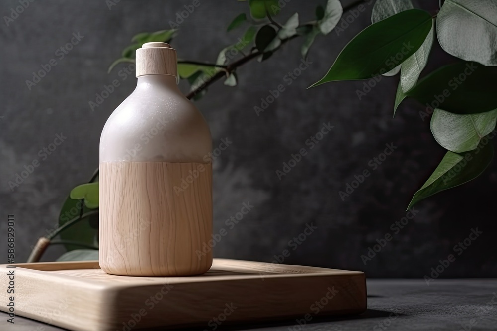 wooden tray with a bottle of wine and glasses. Generative AI