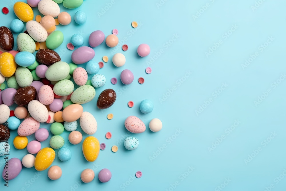 colorful candy pile on a blue background. Generative AI