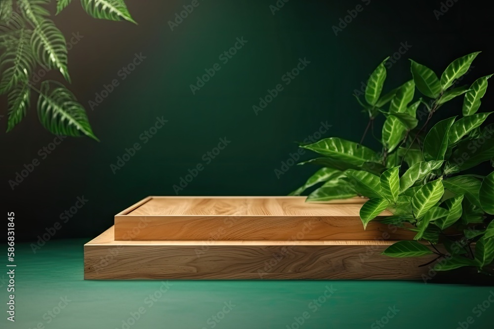 wooden box and a lush green plant side by side. Generative AI