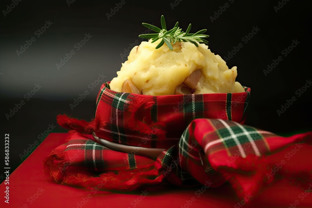 bowl of creamy mashed potatoes garnished with a fresh sprig of rosemary. Generative AI