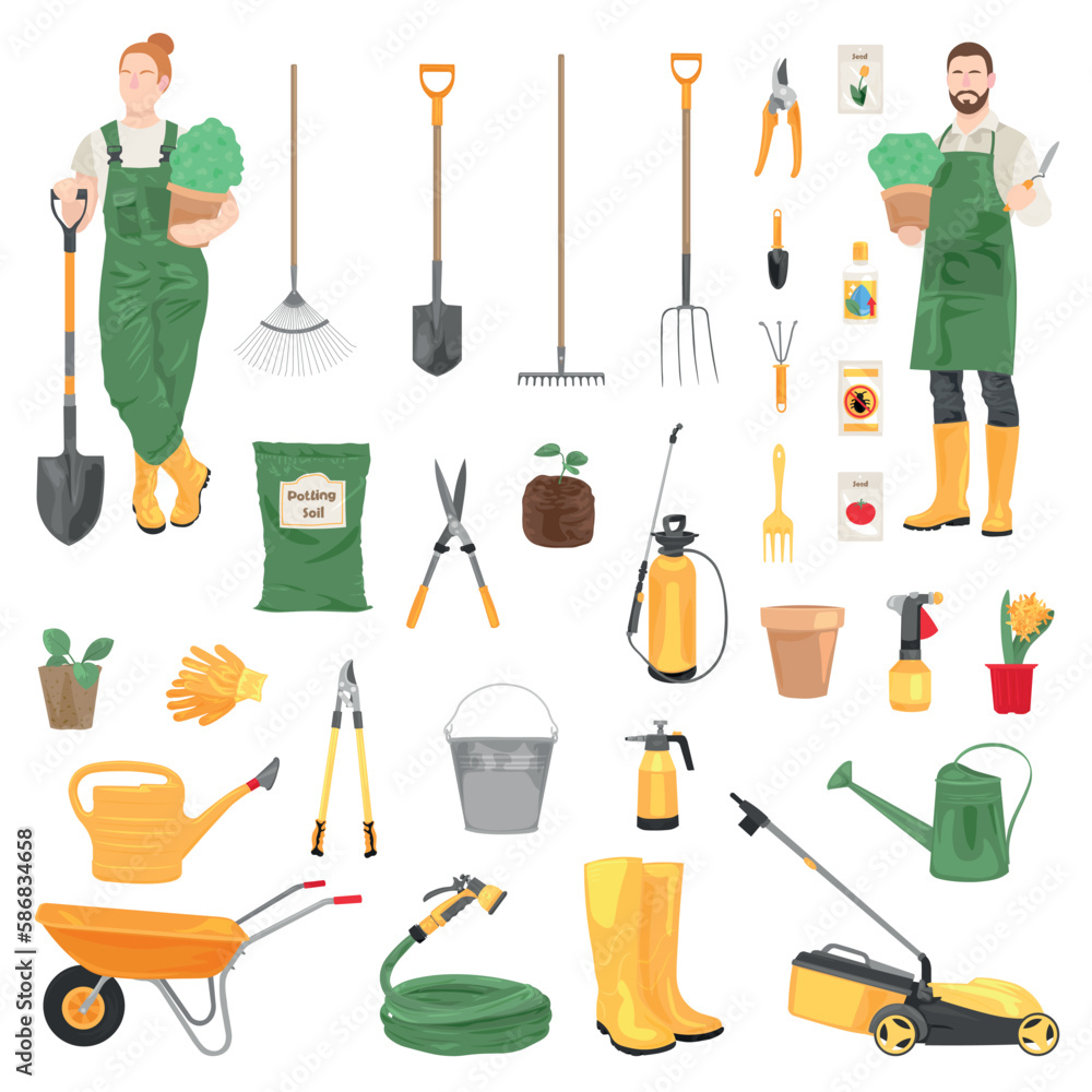 Collage of gardeners with set of supplies on white background