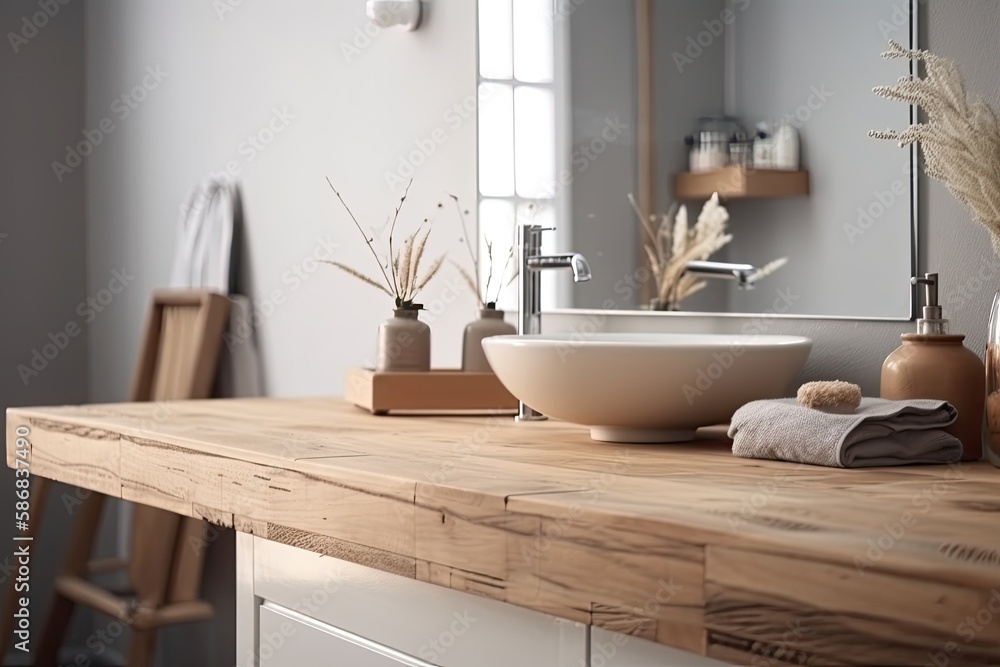 modern bathroom with a wooden countertop and vessel sink. Generative AI