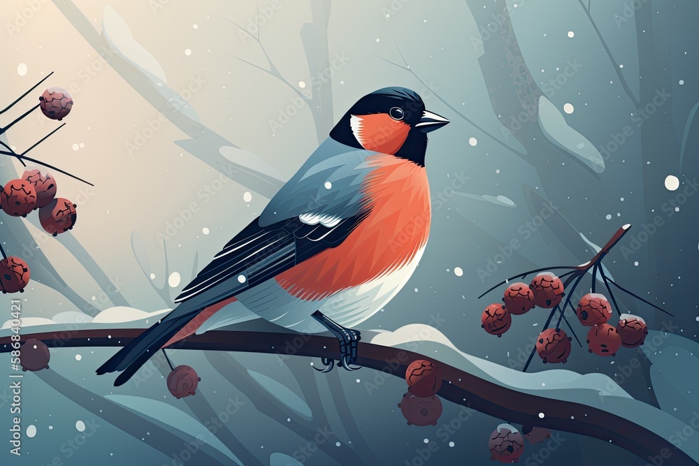 bird perched on a snow-covered branch. Generative AI