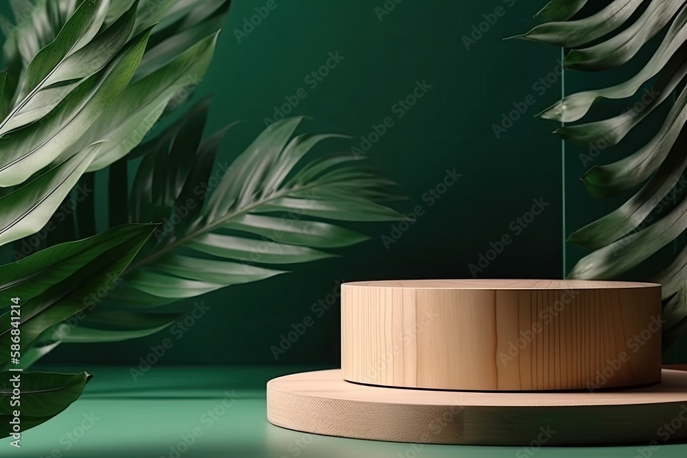 wooden plant stand with greenery in the background. Generative AI