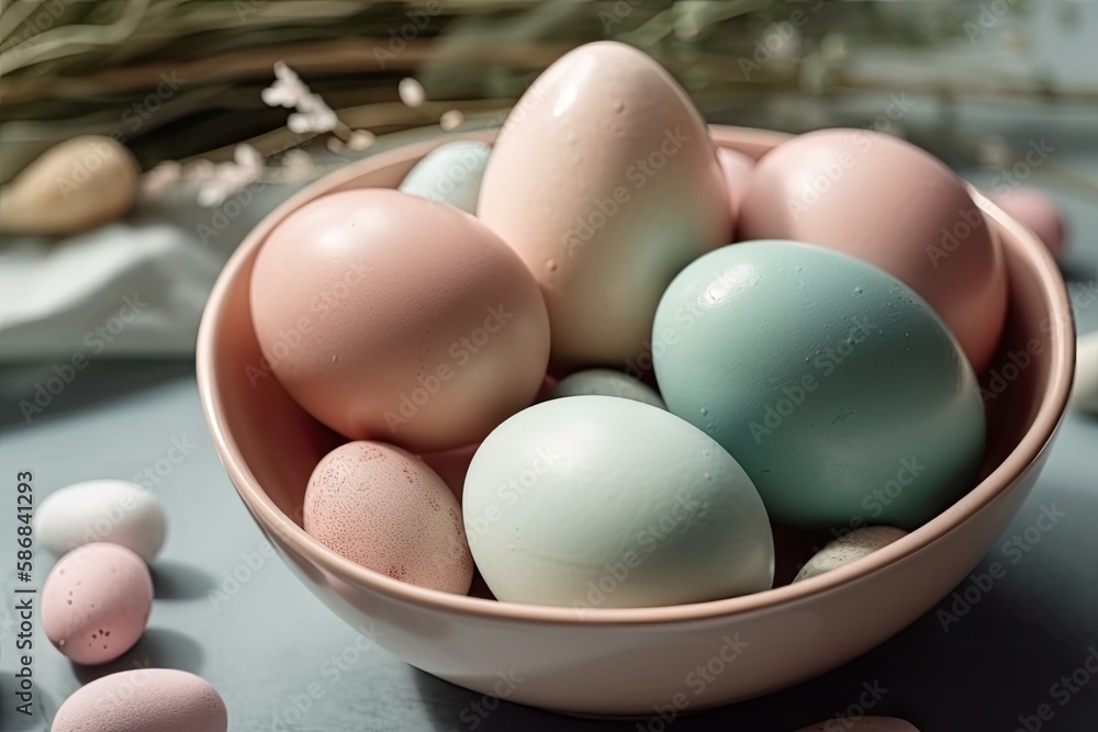 bowl of fresh eggs on a wooden table. Generative AI