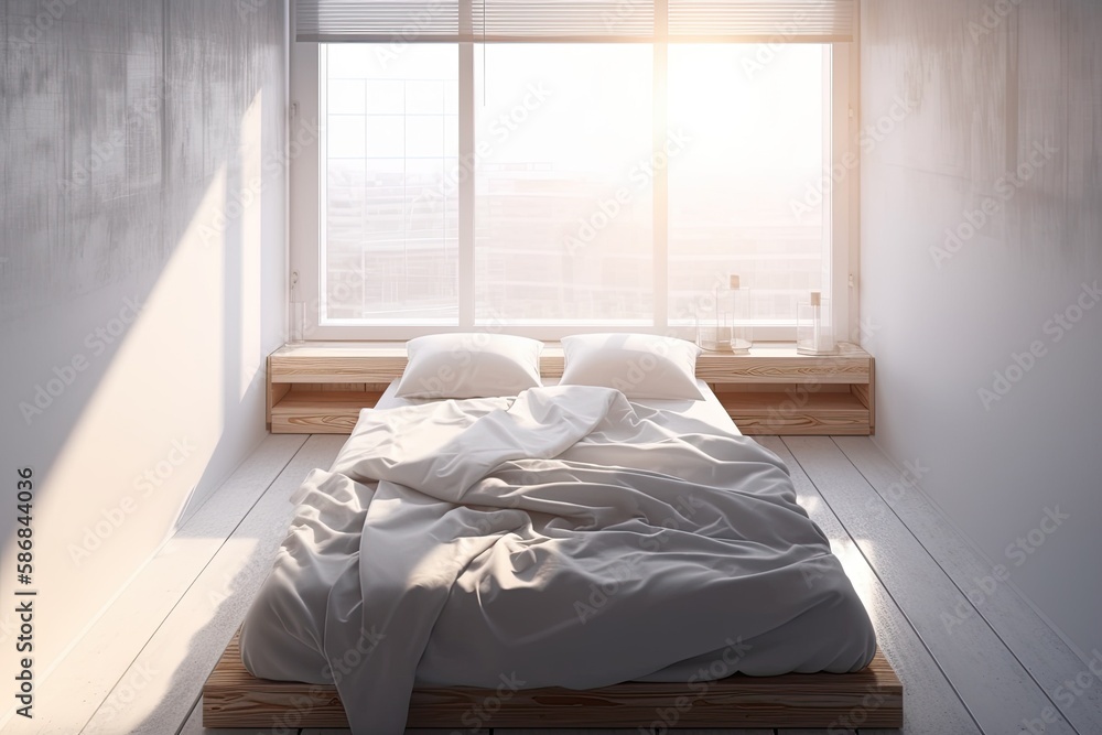 cozy bedroom with white bedding and pillows. Generative AI