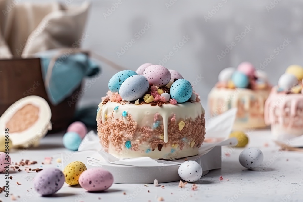 colorful cake with egg decorations and sprinkles on a plate. Generative AI