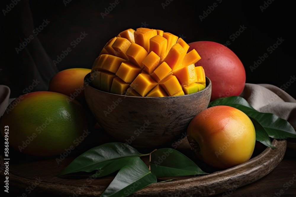 wooden table with a bowl of fresh fruit as centerpiece. Generative AI