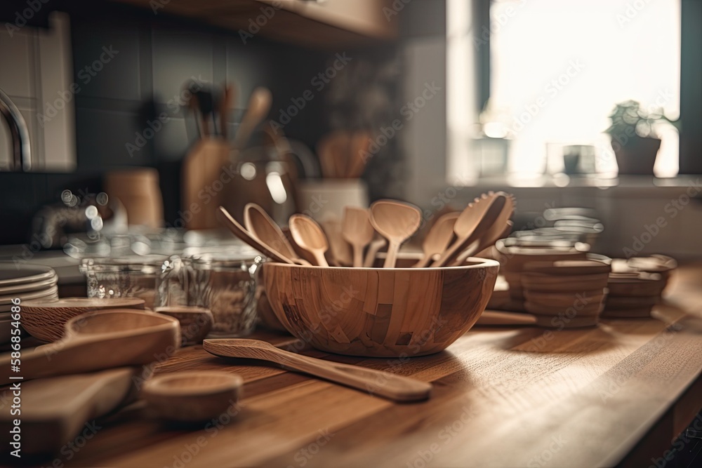 rustic wooden table filled with various wooden spoons of different sizes and shapes. Generative AI