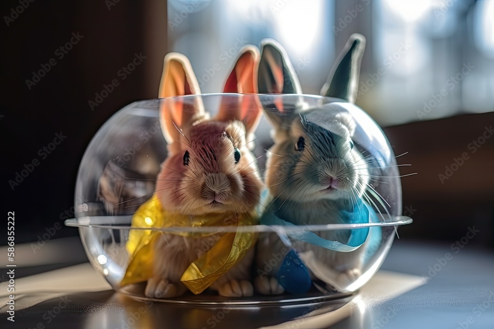 two rabbits sitting inside a glass bowl. Generative AI