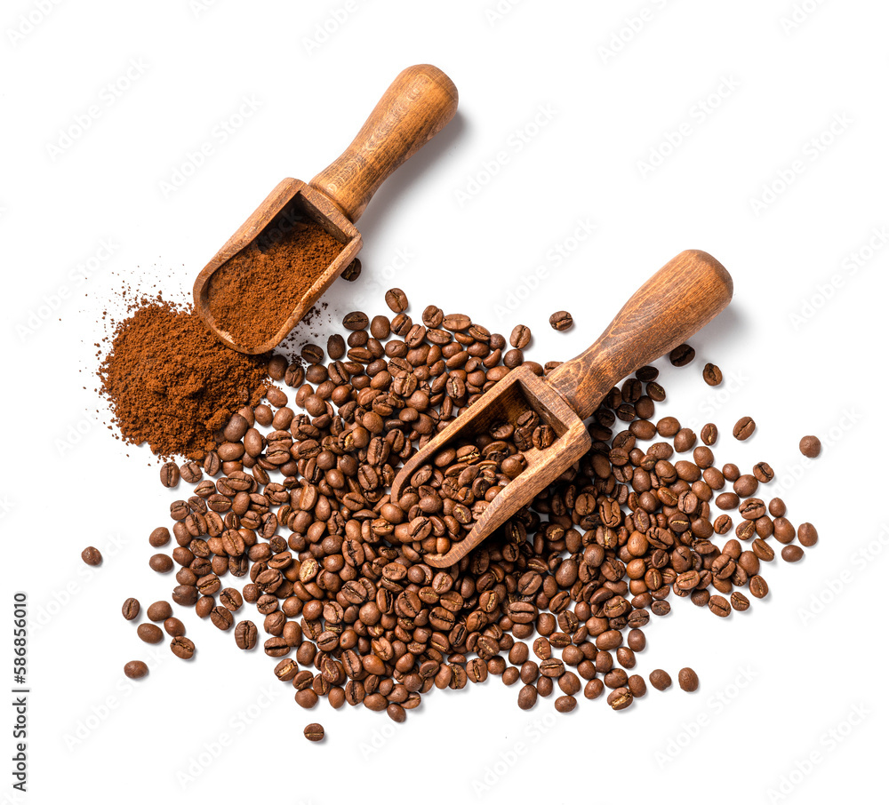 Scoop of coffee beans and ground coffee on white background. Coffee in scoop isolated. Top view of c