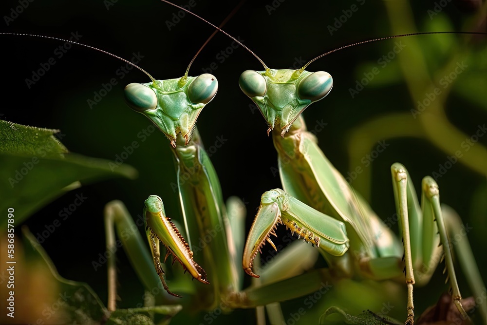 Close up of a pair of lovely European mantises ( Mantis religiosa ). Generative AI