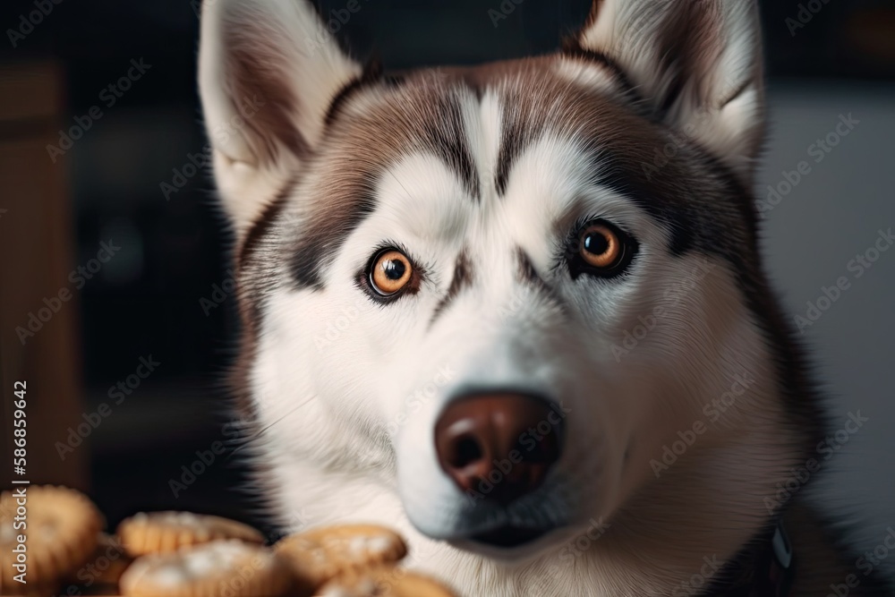 A husky dog requests and consumes dog treats. Generative AI