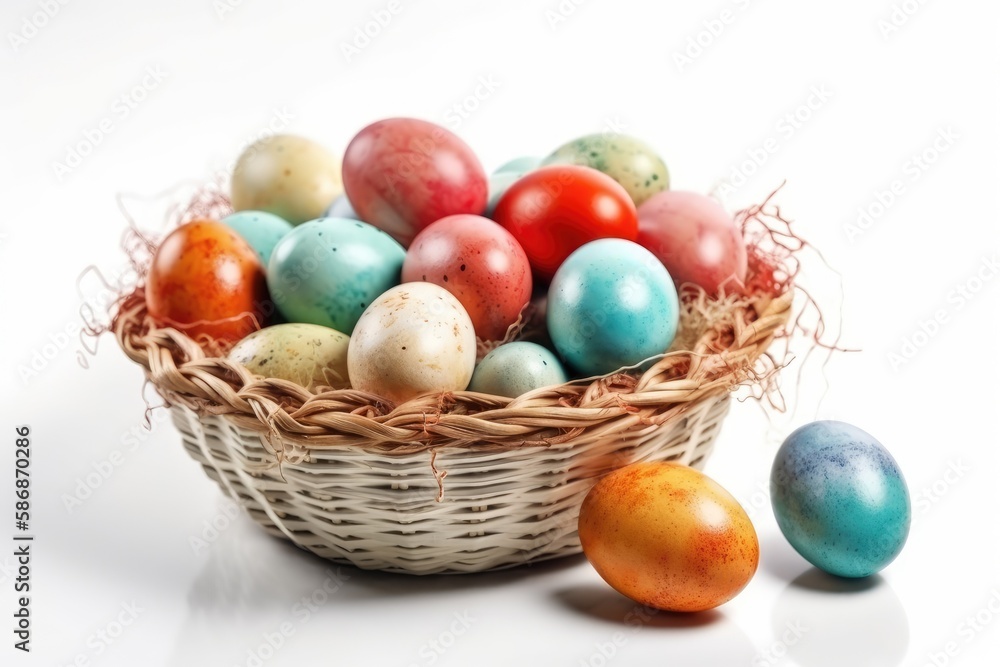 colorful basket filled with Easter eggs. Generative AI