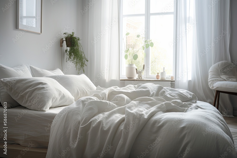 White bedroom with pillow blanket, curtain, and window, warm room concept, large comfy bed in bright