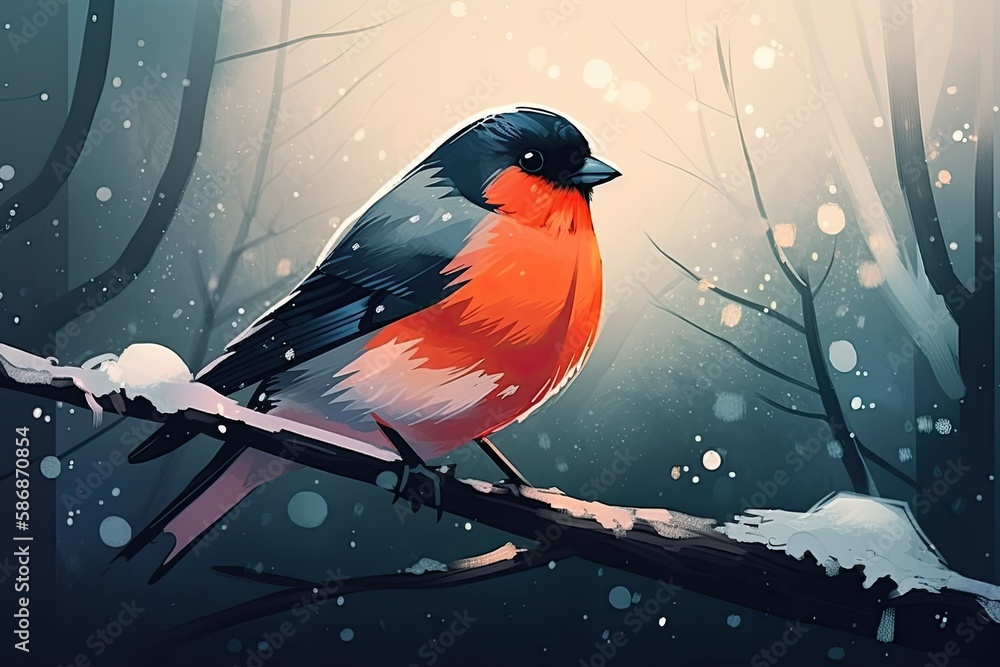 winter bird perched on a snow-covered branch. Generative AI