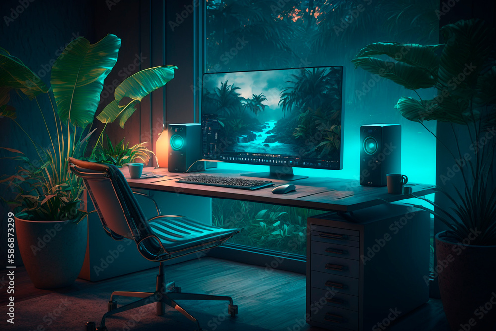 A home office setup with computer on desk and houseplants, dark room with neon lights, generative ai