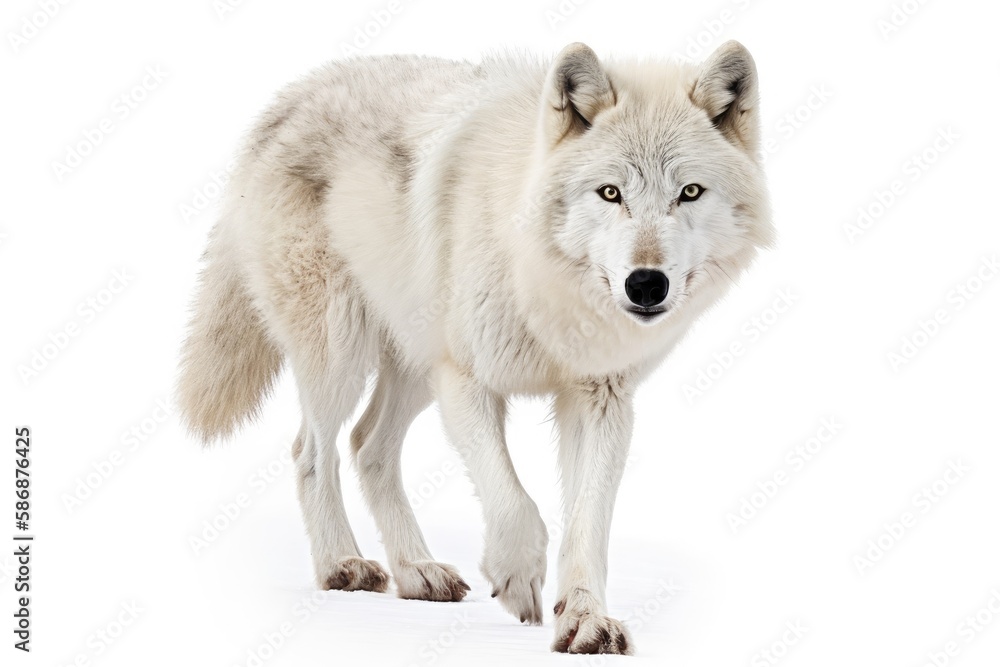 Arctic wolf image isolated on white background strolling in winter snow in Canada, gazing directly a