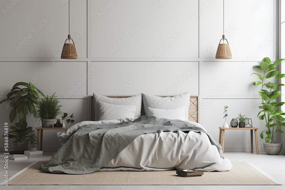 Mockup of a bedroom interior wall featuring a made up bed, gray plaid, green plants, and lights on a