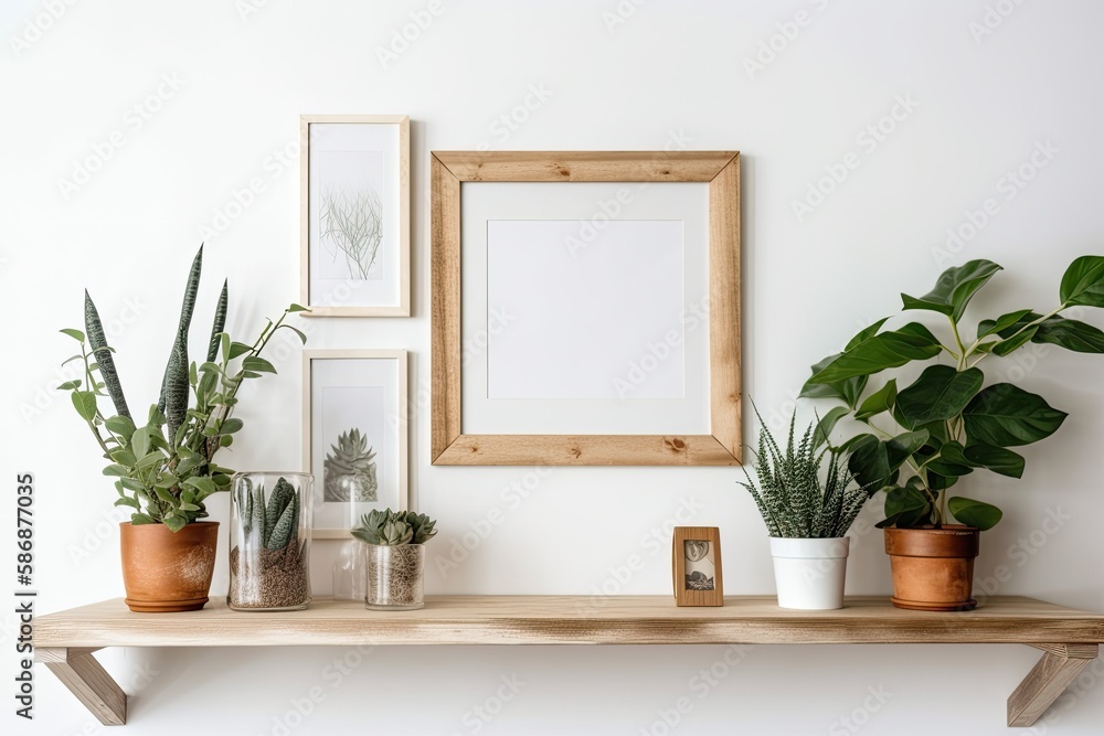 Shelf with plants and a white frame. Generative AI