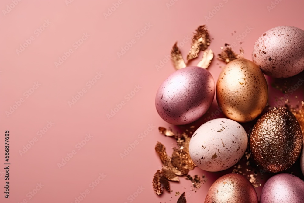 colorful Easter eggs arranged on a pastel pink background. Generative AI