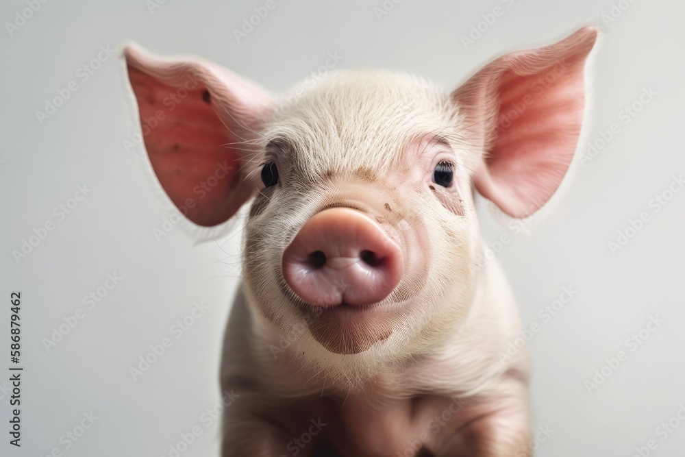 Cute, happy pig in portrait on a white background. Generative AI