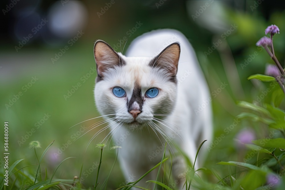 A cute blue eyed cat walks outside. Generative AI