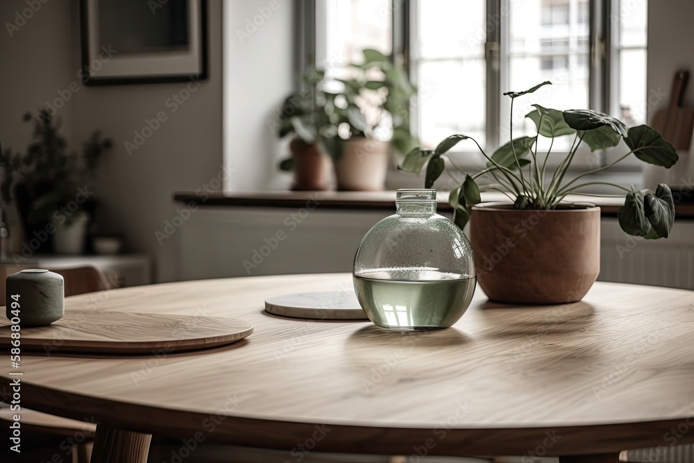 Tabletop vase with green plant. Minimalist Nordic kitchen with wooden and antique accents. Photograp