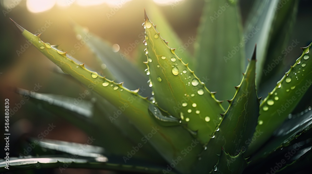 Closeup of aloe tropical plant leaves with rain drops. Green natural backdrop. Generative AI