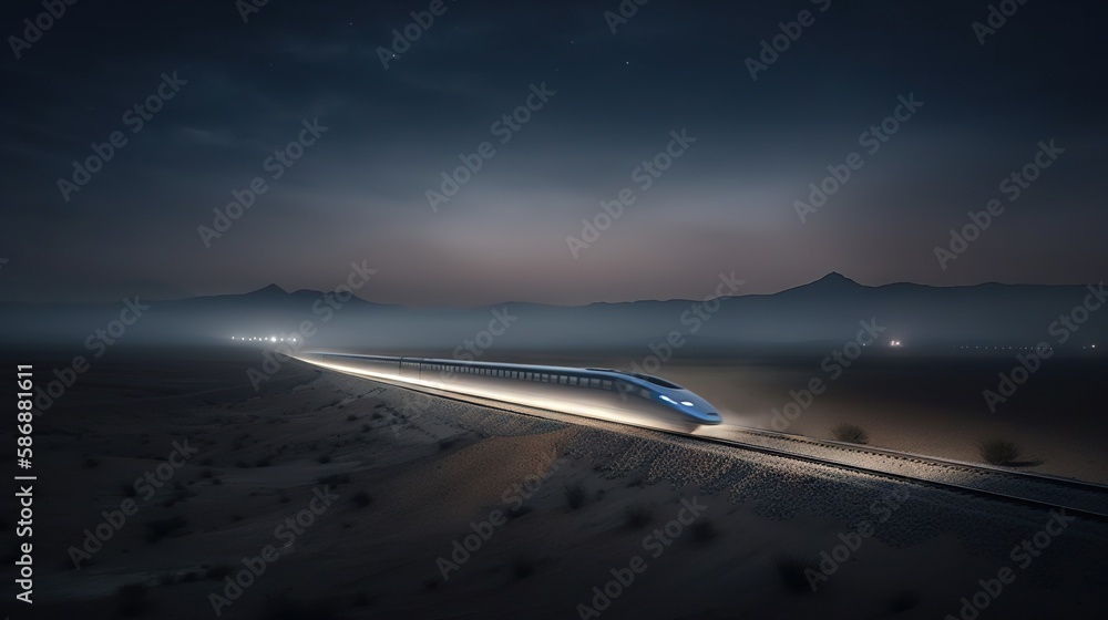 Speed passenger train moving in the night desert. Generative AI