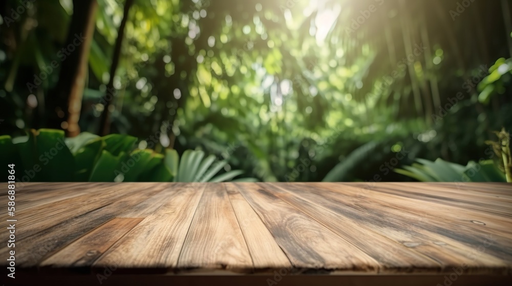 Wood table mockup with tropical jungle on background. Empty copy space for product presentation. Gen