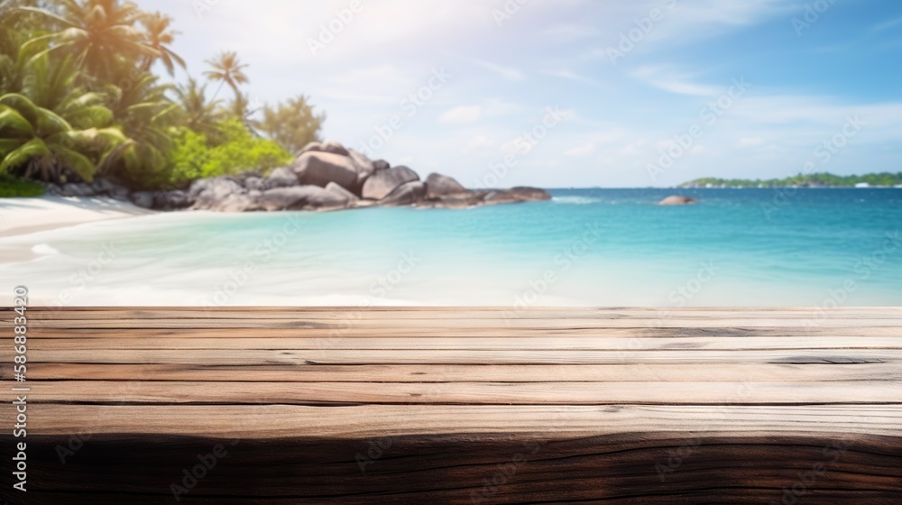 Wood table mockup with tropical paradise beach on background. Empty copy space for product presentat