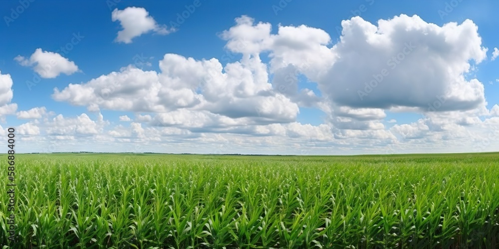 Agricultural corn field on sunny summer day. Generative AI