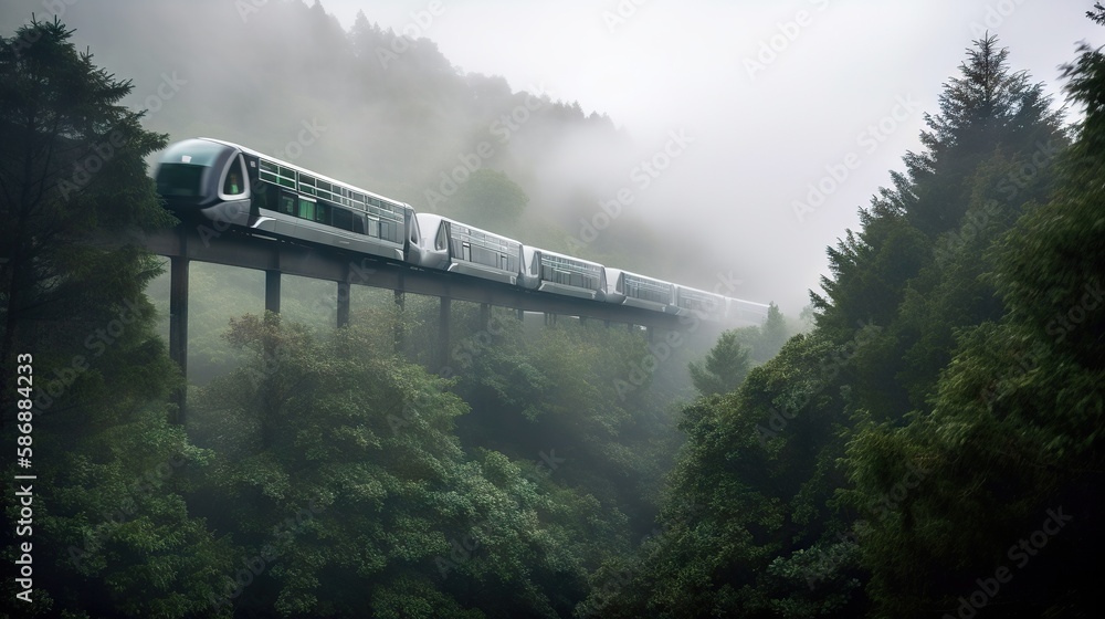 Speed passenger train moving in the mist mountains covered with forest. Generative AI