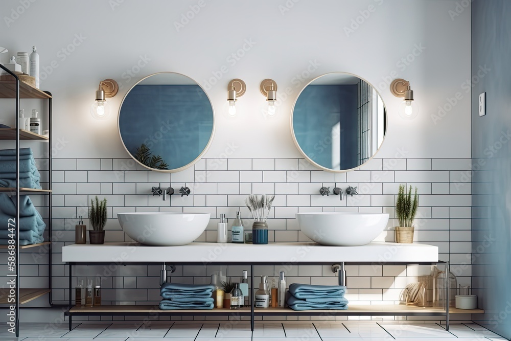 In a room with white and blue walls and tall vertical mirrors and shelves, a double bathroom sink is