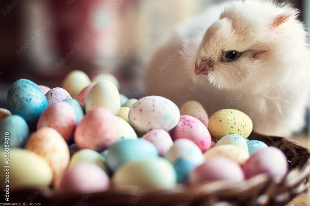 white cat sitting next to a basket filled with eggs. Generative AI