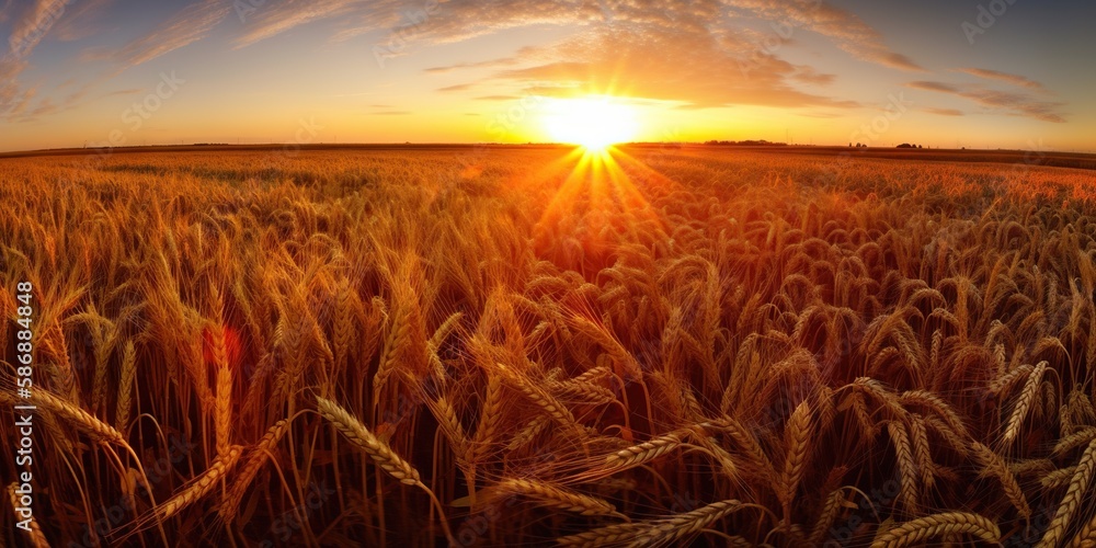 Panoramic view on field of golden ripe wheat on sunset. Generative AI