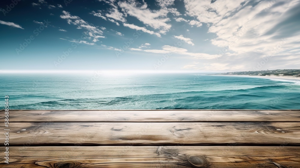 Wood table mockup with ocean waves on background. Empty copy space for product presentation. Generat