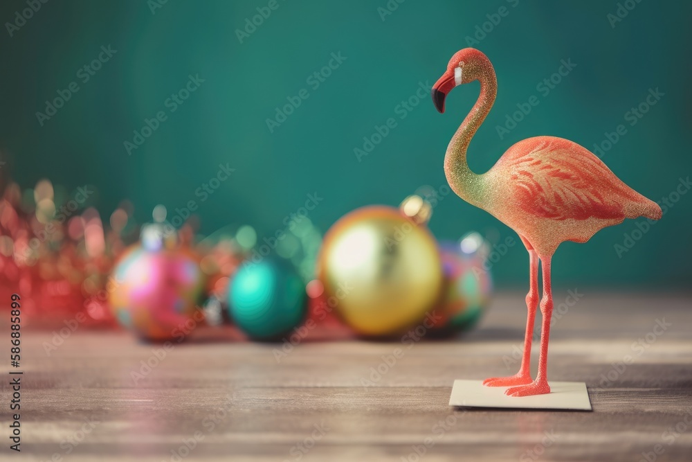 A cheerful greeting, postcard with copyspace, and a colorful ceramic flamingo toy for the holidays. 