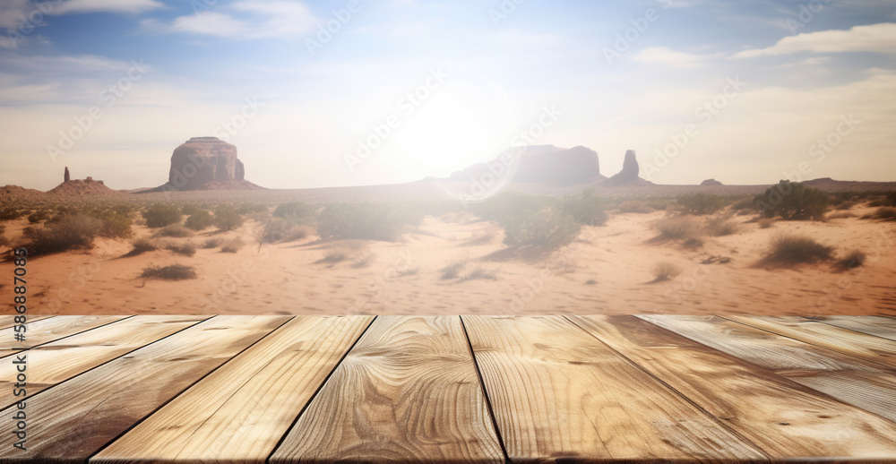 Wood table mockup with desert on background. Empty copy space for product presentation. Generative A