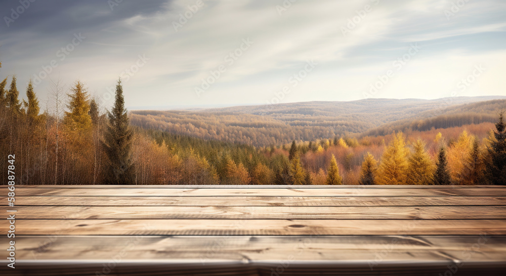 Wood table mockup with scenic green forest on background. Empty copy space for product presentation.