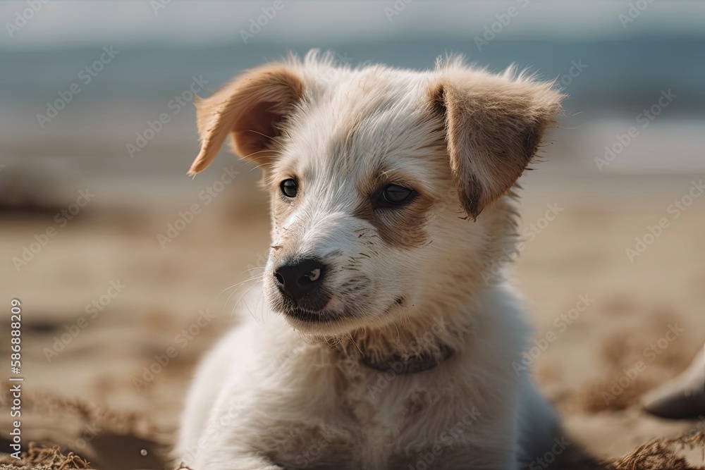 adorable puppy relaxing on the beach. Generative AI