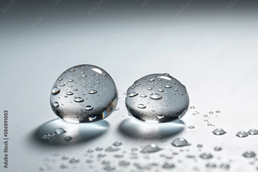 two water droplets on a table surface. Generative AI