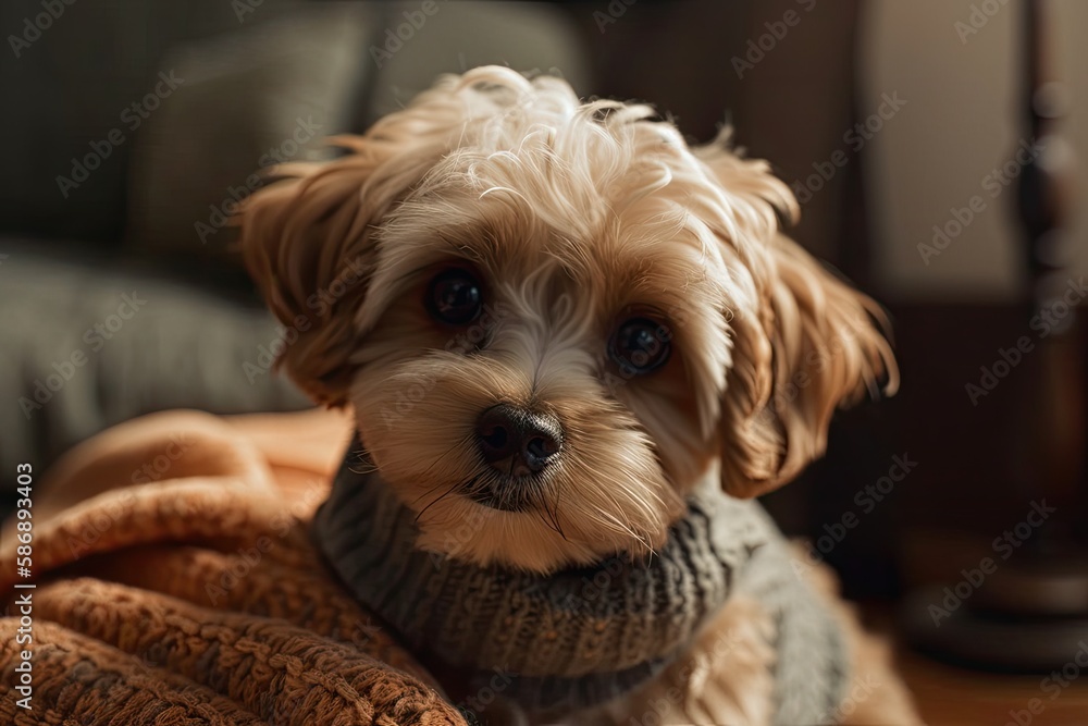 Tiny, dejected puppy resting on knit fabric and staring directly at the camera. Warm, inviting backg