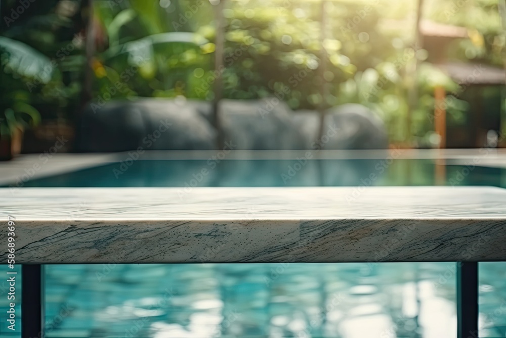 luxurious outdoor space with a marble table and a pristine swimming pool. Generative AI