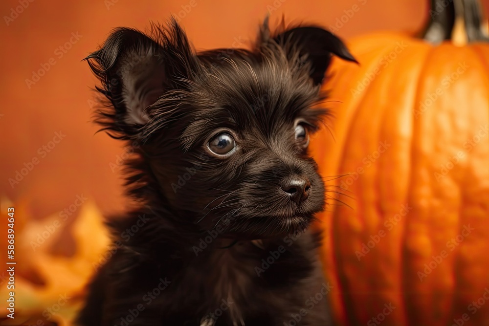 a tiny black puppy on a pumpkin and maple leaf adorned orange background in the autumn. Generative A