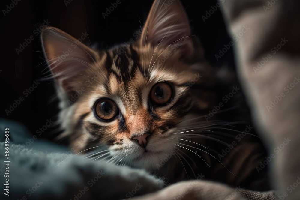 Cute kitten beneath the bed. Generative AI