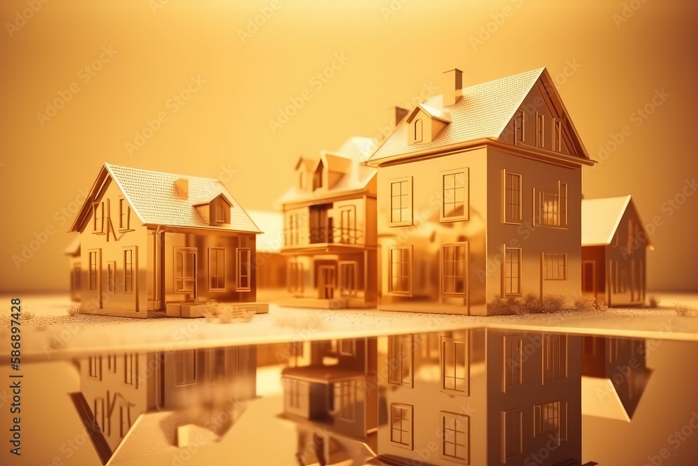 cluster of houses built on stilts above a serene lake. Generative AI