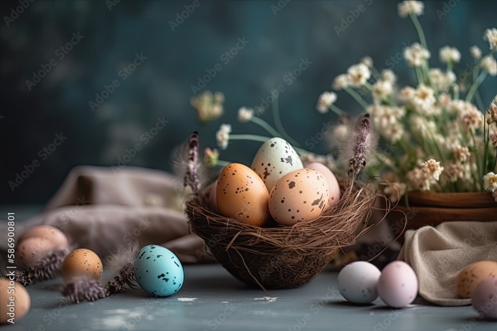 colorful Easter basket filled with decorated eggs and spring flowers. Generative AI