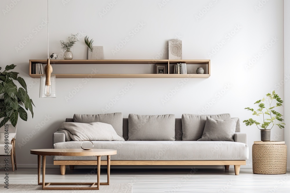 Modern gray sofa with wooden shelf next to blank white wall with copy space. Generative AI